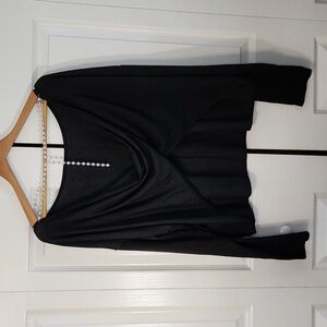 Chic Me‎ Black Long Sleeve Top Size XL Criss Cross Back With Pearls Chic Evening